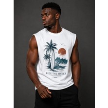 Enb1r Moda Erkek Sıfır Kol Atlet Surf Baskılı Bisiklet Yaka Streetwear Yazlık Günlük Spor