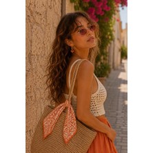 Afvente Etnik Okyanus Desen Turuncu-Krem Soft Bandana Fular 50X50 cm