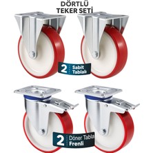 Badem10 Frenli Teker Seti 4'lü 200X50 mm 2 Sabit 2 Döner Tablalı Rulmanlı Endüstriyel Makine Mobilya Tekeri