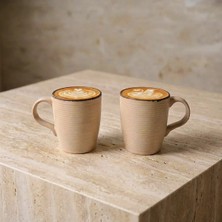 Güral Porselen Bej Rölyef Desenli 2li Porselen Mug Bardak Seti