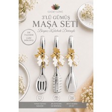 Lucky Love 3'lü Servis Maşa Seti Beyaz Kelebek Detaylı Paslanmaz Çelik Salata Makarna Servis Maşası 21 cm