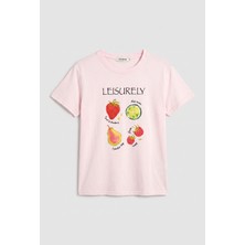 It's Basic Kadın Pembe Meyve Baskılı Bol Kesim Tasarım T-Shirt