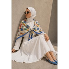 Afvente Deniz Desen Mavi-Turuncu Soft Fular Eşarp 90X90 cm