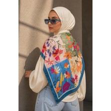 Afvente Patchwork Çiçek Bahçesi Desen Mavi-Pudra Soft Fular Eşarp 90X90 cm