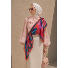 Afvente Dört Parça Çiçek Desen Mercan-Lila Soft Fular Eşarp 90X90 cm