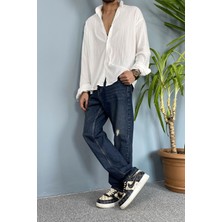 Alışveriş Sokağı Baggy Kalıp Lacivert Denim Jean - Kot Pantolon Yırtık Detaylı