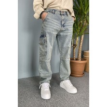 Alışveriş Sokağı Kargo Cepli Eskitme Tasarım Mavi Jean - Kot Pantolon