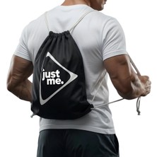 Just Nutrition Just İpli Bez Spor Çantası Siyah Büzgülü Sırt Çantası Beyaz Askılı Baskılı Spor Çantası
