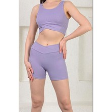 Alışveriş Sokağı Fitilli Büstiyer ve Şort Spor Takım Lila Renk