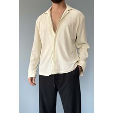 Alışveriş Sokağı Apaç Yaka Uzun Kol Bürümcük Dokulu Oversize Bej Gömlek