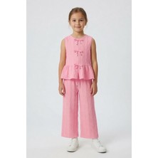 Cansın Mini Pembe Sıfır Kol Fiyonklu Bluz Geniş Paça Pantolonlu Kız Çocuk 2li Takım 24712