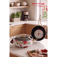 EVREN MUTFAK Evren, 3 Parça Bahar Gülü Desen Granit Tencere Seti Non-Stick Yapışmaz Taban.