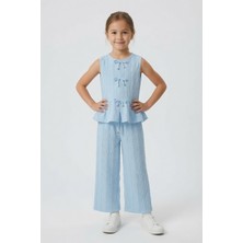 Cansın Mini Mavi Sıfır Kol Fiyonklu Bluz Geniş Paça Pantolonlu Kız Çocuk 2li Takım 24713