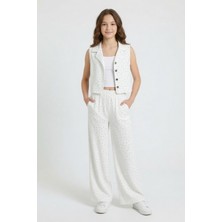 Cansın Mini Beyaz Kız Çocuk Taşlı Sıfır Kol Yelekli Geniş Paça Pantolonlu Takım 24709