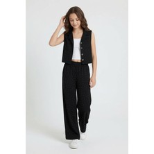Cansın Mini Siyah Kız Çocuk Taşlı Sıfır Kol Yelekli Geniş Paça Pantolonlu Takım 24708