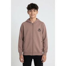 Cansın Mini Kahverengi Erkek Çocuk Yazı Baskılı Kapüşonlu Uzun Kol Hırka 24679