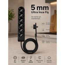 Orvi Prime 6’lı Topraklı Priz – 3 M Uzatma Kablosu | 5 mm Ultra Ince Fişli | Çocuk Korumalı | Dar Alanlar Için