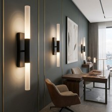 Pareys Home Akrilik LED Aplik 40 cm Siyah Duvar Apliği Pilli ve Elektrikli Kullanım Modern Dekoratif Iç Mekan Aydınlatma