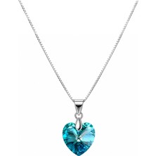 Brezza Lusso Jewelry 925 Ayar Swarovski Taşlı Kalp 14MM Crystal Bermuda Blue Kadın Gümüş Kolye