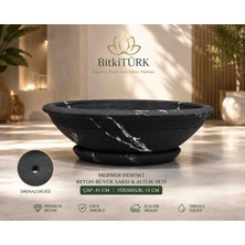 BitkiTÜRK Mermer Desenli Büyük Beton Saksı ve Altlık Seti 41 cm Dekoratif Saksı Iç ve Dış Mekan Areka Starliçe Uyumlu