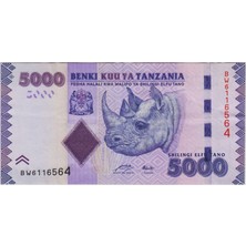 Banknoting Tanzanya 5000 Şilin 2010 Gergedan. Çok Çok Temiz.