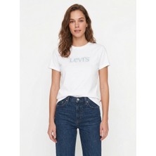 Levi's Favorıte Rhınestone Club Logo Kadın Beyaz Bisiklet Yaka Taş Detaylı T-Shirt 008BX-0008