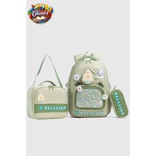 Glanart Su Geçirmez  4 Bölmeli Ilk Öğretim Çantası (Termoslu Beslenme + Kalemlik ) Set Relaxi Yeşil
