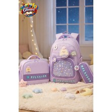 Glanart Su Geçirmez  4 Bölmeli Ilk Öğretim Çantası (Termoslu Beslenme + Kalemlik ) Set Relaxi Mor