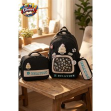 Glanart Su Geçirmez  4 Bölmeli Ilk Öğretim Çantası (Termoslu Beslenme + Kalemlik ) Set Relaxi Siyah