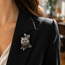 Eski Yeni Antik 925 Ayar Gümüş Baykuş Broş Zirkon Taşlı Vintage Tasarım Yaka Iğnesi