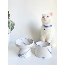 Esranın Dünyası Seramik Kedi ve Köpek  Su Kabı Mavi Ebru & Colorful Moon Bowl Çizgili Maavi Ebruli 2'li