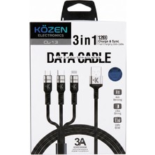 Közen Cl-13 3'ü 1 Arada (Type-C, Lightning, Micro) 65W 3A Hızlı Şarj ve Veri Aktarım Kablosu 1.2 Metre - Siyah