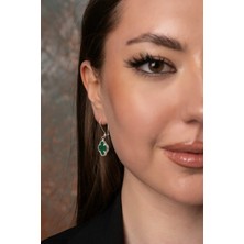 Yeşil Yonca Küpe 925 Ayar Gümüş Sallantılı Şans Küpesi