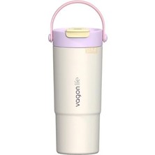 Esranın Dünyası 660ML Çift Renkli Tumbler Pipetli/pipetsiz Kullanım Kulplu Paslanmaz Çelik Termos (Krem)