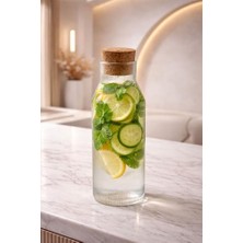 MarkEntegra Mantar Kapaklı 1 Litre Cam Detoks Matara, Su Şişesi, 28CM