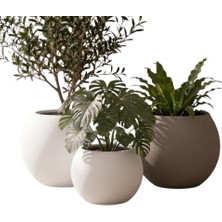 Esranın Dünyası Zevli Japandi Tarzı Modern Küre Saksı 3'lü Set - Su Sızdırmaz Dekoratif Salon ve Balkon Saksısı Hediyelik Çiçeklik Seti (Mermer Beyazı ve Sahara Kumu, 2 Büyük 1 Orta)
