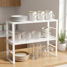 MarkEntegra Deconox Beyaz Dolap Içi ve Tezgah Üstü Raf Düzenleyici - Paslanmaz Metal, Yer Kazandıran Tabak ve Bardak Rafı (15.5X31.5X13CM) (2)