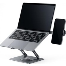 Esranın Dünyası Mcstorey Laptop Stand Karbon Çelik 360° Döner Ergonomik Yükseklik Ayarlı Soğutucu Magsafe Uyumlu Telefon Tutuculu Gizlenebilir Notebook Tablet Uyumlu 10-17.3 Inç Gri