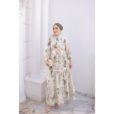 İmaj Butik Yeşil Yarım Düğmeli Kol Lastikli Eteği Katlı Elbise