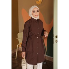 İmaj Butik Kahverengi Bel Bağlamalı Düğmeli Tunik