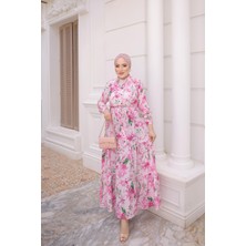 İmaj Butik Pembe Yarım Düğmeli Kol Lastikli Eteği Katlı Elbise
