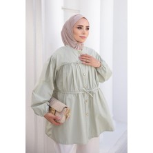 İmaj Butik Çağla Kol Lastikli Ön Bağlamalı Büzgülü Gömlek