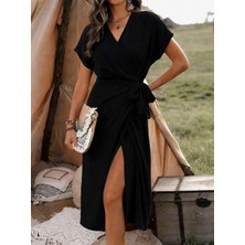 Defy Moda Kadın Kısa Kollu Kruvaze Yakalı Belden Kuşaklı Midi Dokuma Viskon