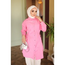 İmaj Butik Pembe Bel Bağlamalı Düğmeli Tunik