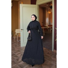 İmaj Butik Siyah Bel Bağlamalı Desenli Elbise