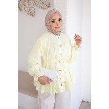 İmaj Butik Sarı Kol Lastikli Eteği Dantelli Gömlek