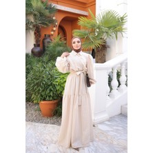 İmaj Butik Bej Balon Kol Kuşaklı Çizgili Elbise