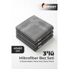 Euroist 3 Adet Mikrofiber Cam Bezi 40X60 cm Gri | Iz Bırakmaz, Tüylenmez, Çok Amaçlı Sihirli Temizlik Bezi
