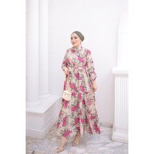 İmaj Butik Fuşya Yarım Düğmeli Kol Lastikli Eteği Katlı Elbise