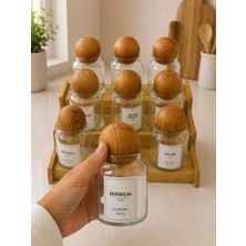 MODA OZY 9'lu 300ML  Top Kapaklı  Bambu Stantlı   Cam Baharatlık, Bambu Vakum Kapaklı  Etiketli Saklama Kavanozu